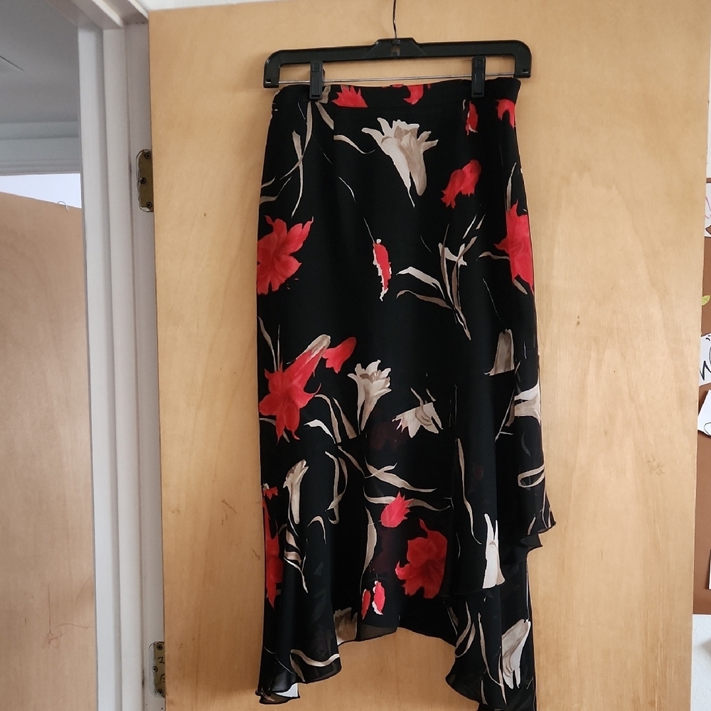 Black and Red High-Low Wrap Midi Skirt